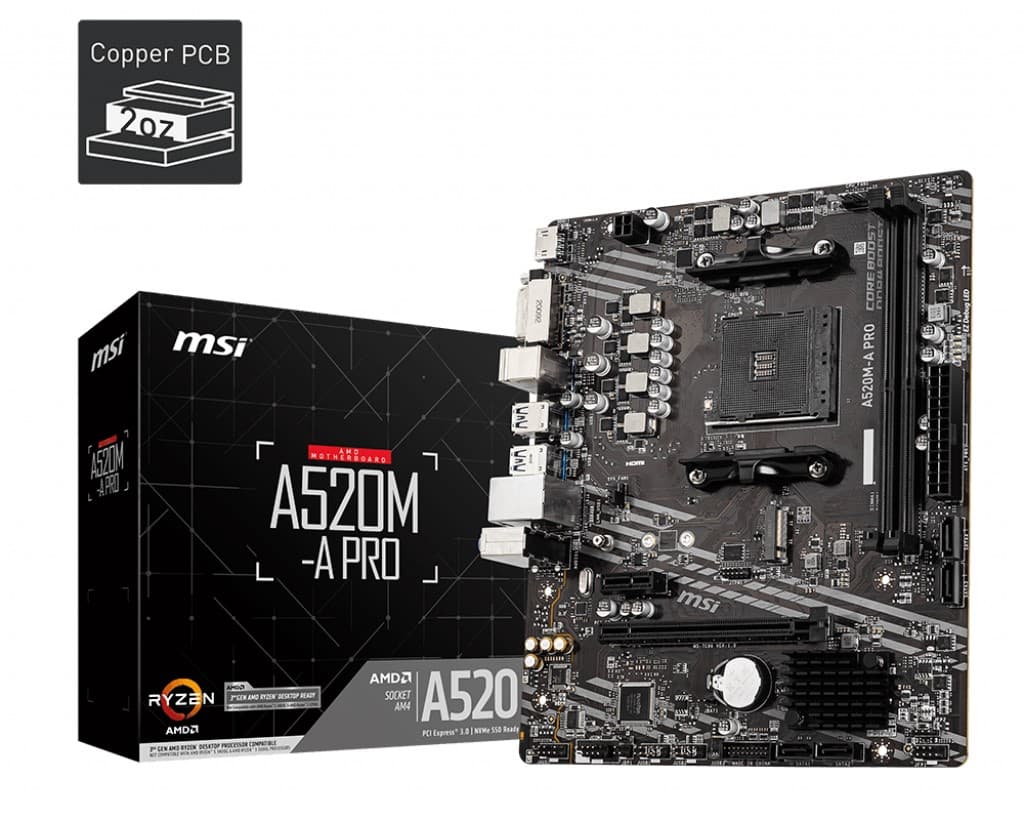 MSI MB A520M-A PRO AM4 DDR4 4600(OC) DVI HDMI M.2 USB3.2 Matx