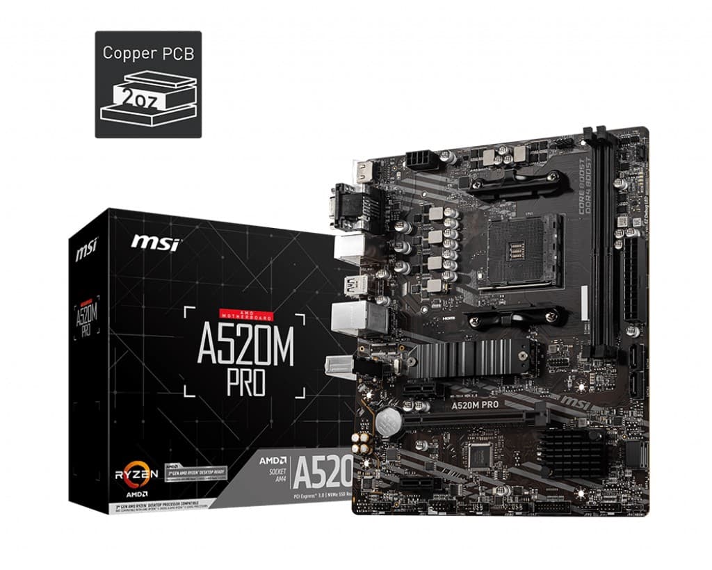 MSI MB A520M PRO AM4 DDR4 4600(OC) VGA DVI HDMI M.2 USB3.2 Matx