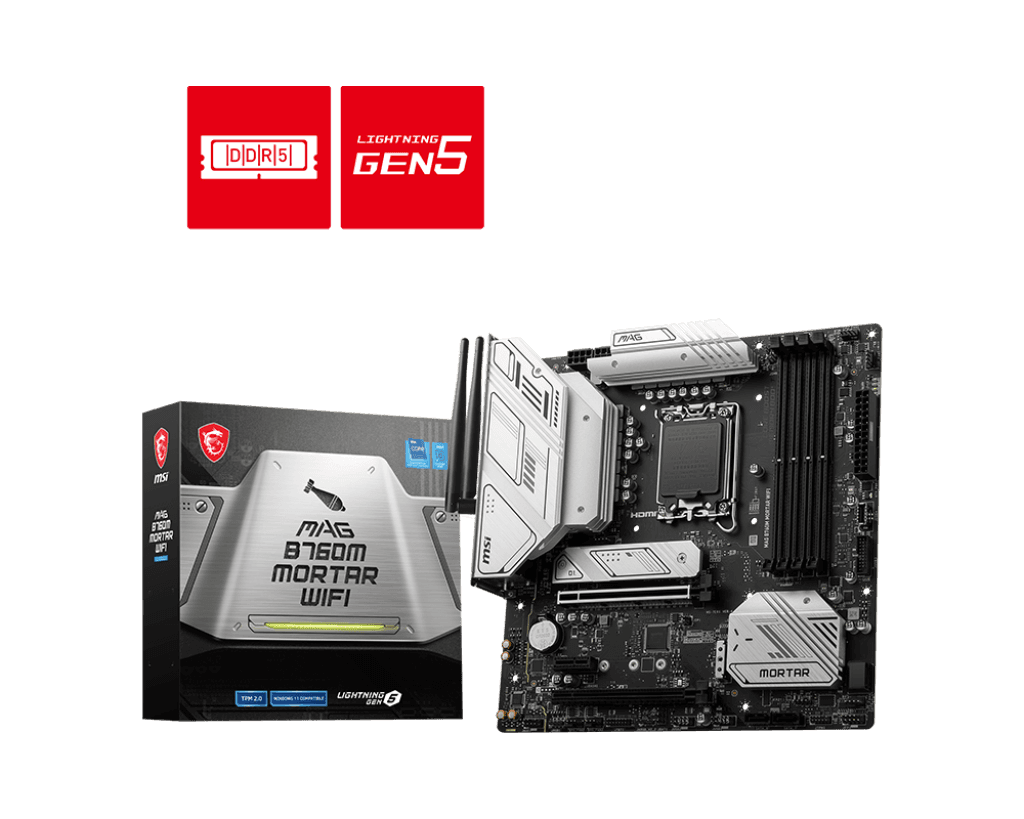 MSI Mag B760M Mortar WIFI Soket 1700 DDR5 7000(OC) PCI-E GEN5 M.2 USB3.2 Hdmidp 1X 2.5G LAN Wi-Fi 6E Matx