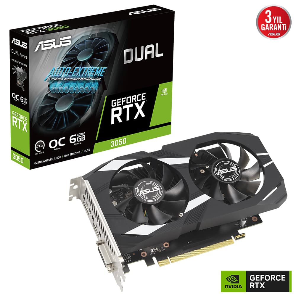 ASUS VGA DUAL-RTX 3050-O6G-NVIDIA-GEFORCE-RTX 3050-6G-6GB GDDR6-96bit-1537MHz-OC-DVI-HDMI-DP-EKRAN KARTI