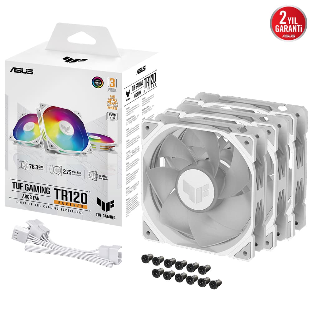 Asus Tuf TR120 Reverse Soğutucu Kasa Radyatör Fani Ters Hava Akışı Adreslenebilir ARGB 120MM 3 İn 1 Beyaz