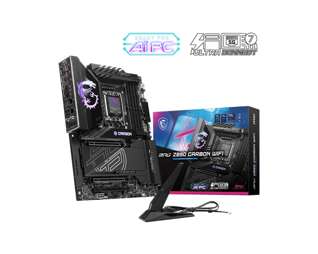 MSI MB MPG Z890 Carbon WIFI Soket 1851 DDR5 9200MHZ(OC) USB 20GBPS 5XM.2 2XTB4 HDMI Display 1X5G 1X 2,5 LAN WIFI 7 ATX