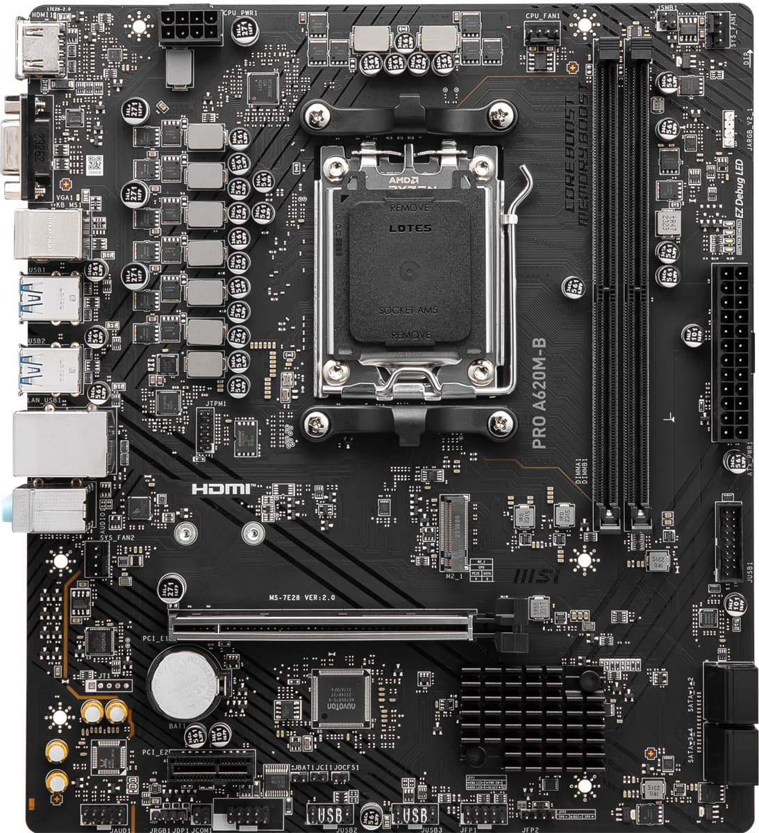MSI MB PRO A620M-B AM5 DDR5 6800MHZ(OC) HDMI VGA M.2 USB3.2 JARGB_V2 Matx