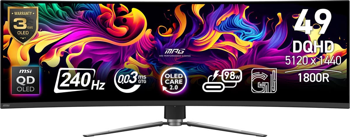 MSI 49 MPG 491CQPX QD-OLED 5120x1440 (DQHD) CURVE 1800R QD-OLED 240HZ 0.03MS G-SYNC COMPATIBLE GAMING MONITOR