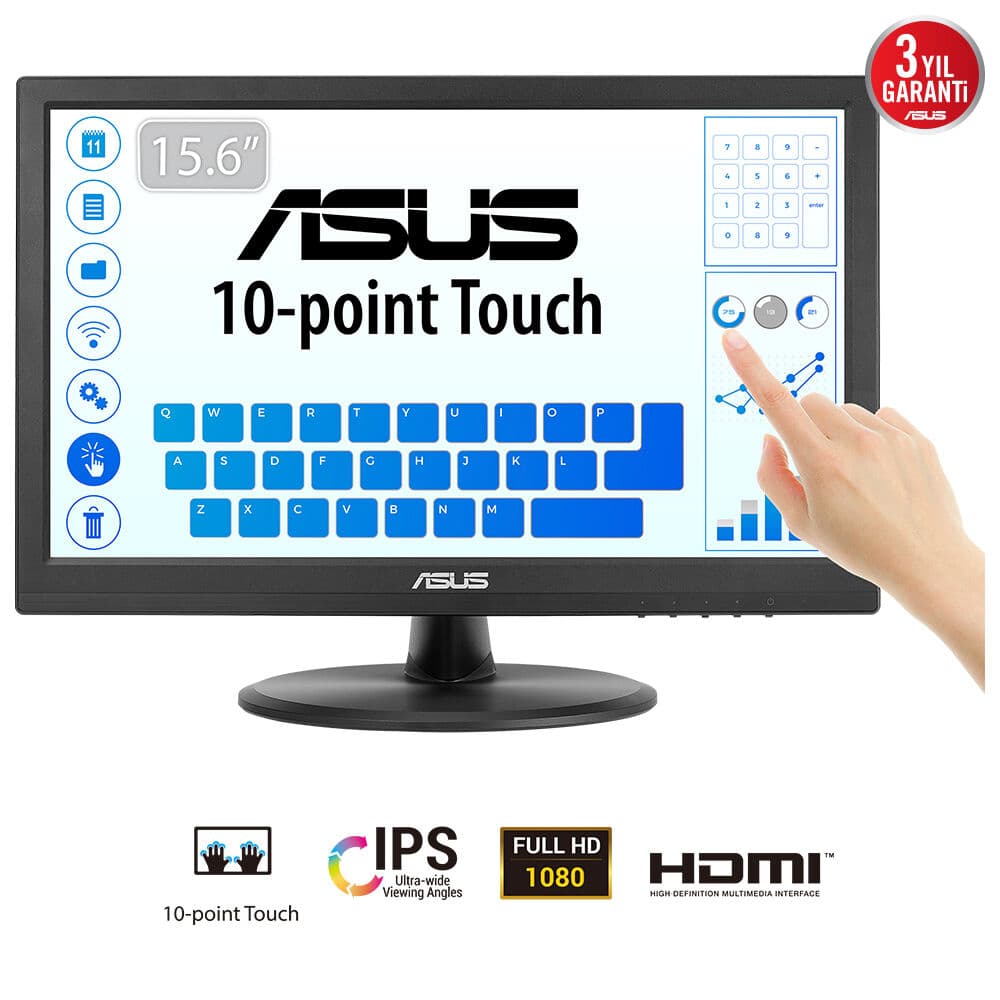 ASUS KURUMSAL VT169HE 15.6 IPS 1920x1080 5ms 60Hz 220cd HDMI VGA YOK VESA 3YIL 10 PARMAK DOKUNMATIK EYECARE MONİTÖR
