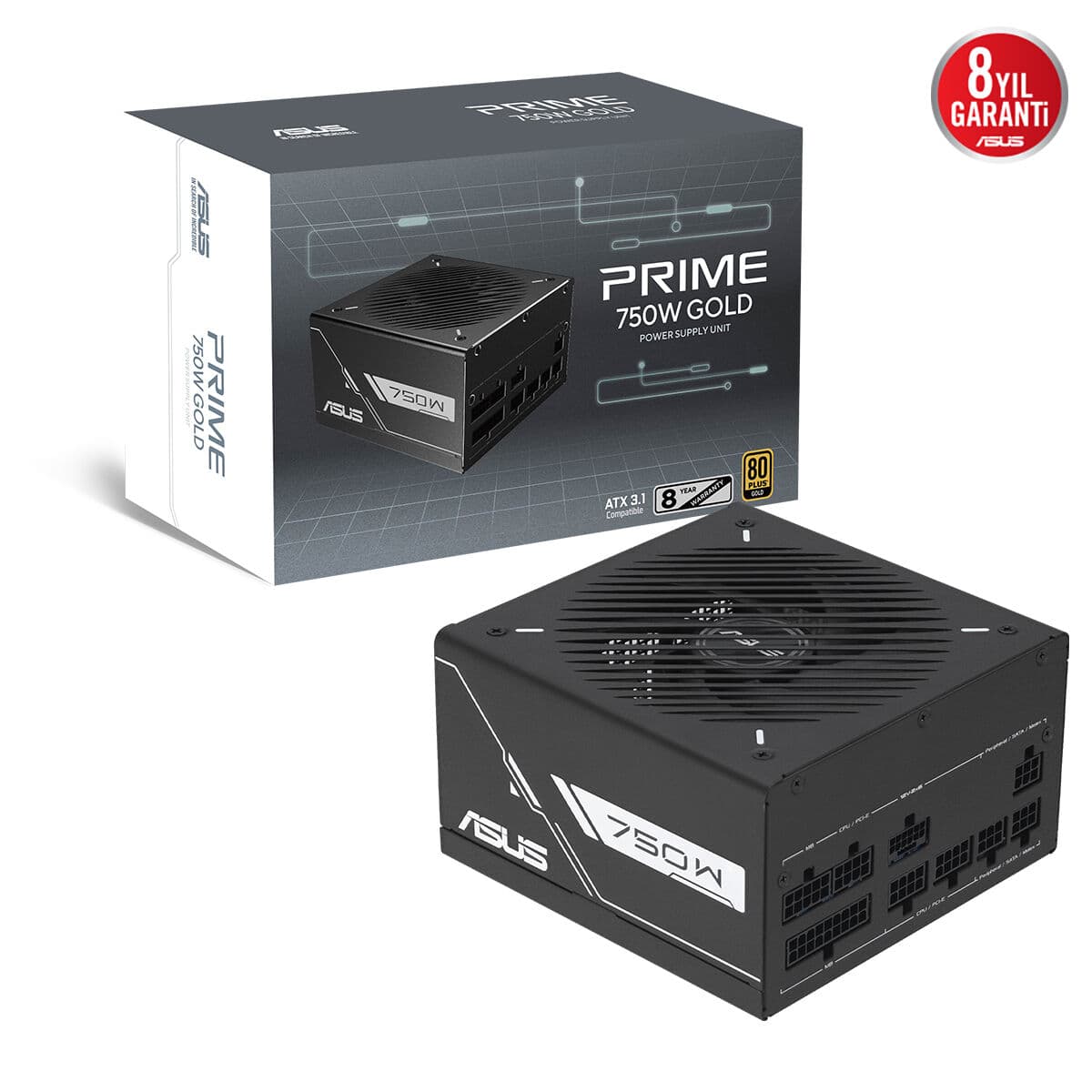 Asus PRIME-750G Gold Psu Full Modüler 80 Plus Gold ATX 3.1 PCIE 5.1 12V-2X6 Kablo Çift Bilyalı Fan 8 Yil Garanti