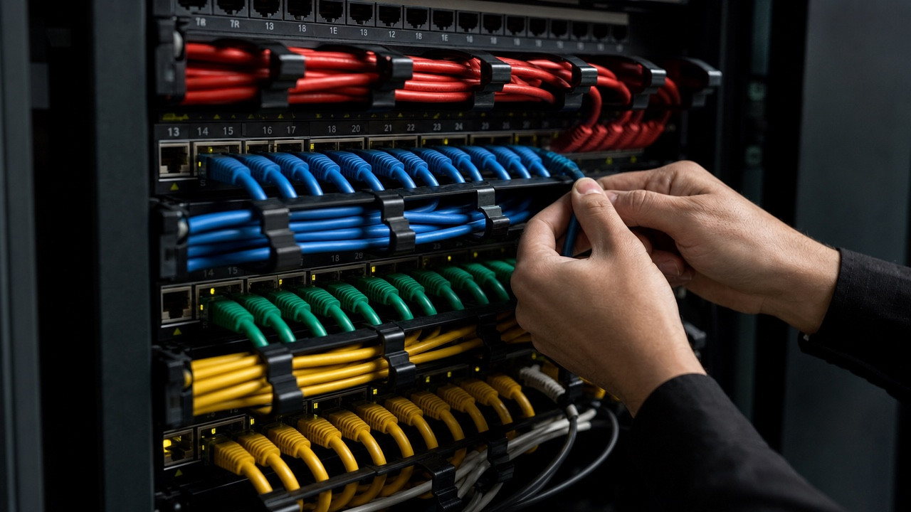 Patch panel ve renkli ethernet kabloları yakın çekim — kurumsal ağ kurulumu kablolama