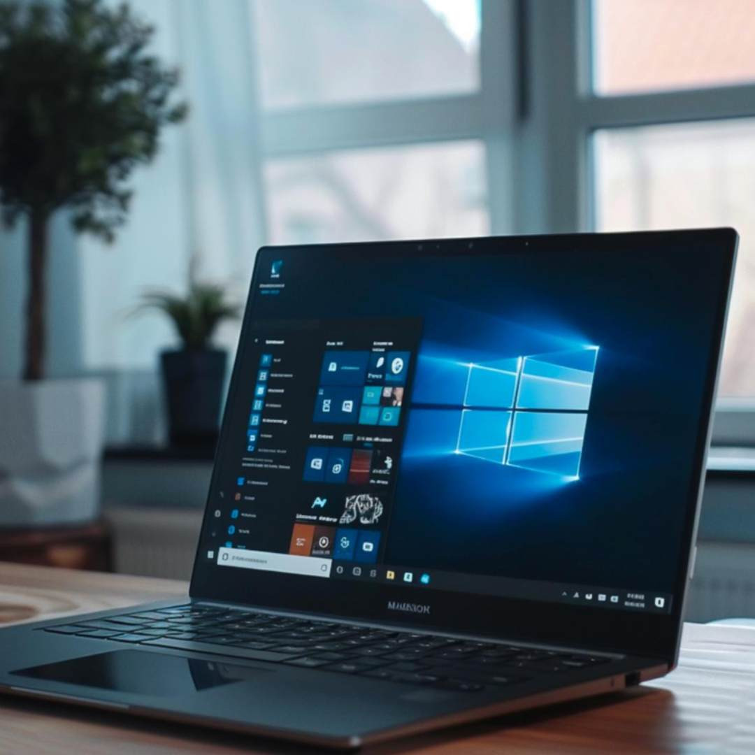 Ofis masasında Windows çalışan dizüstü bilgisayar — kurumsal lisans yönetimi