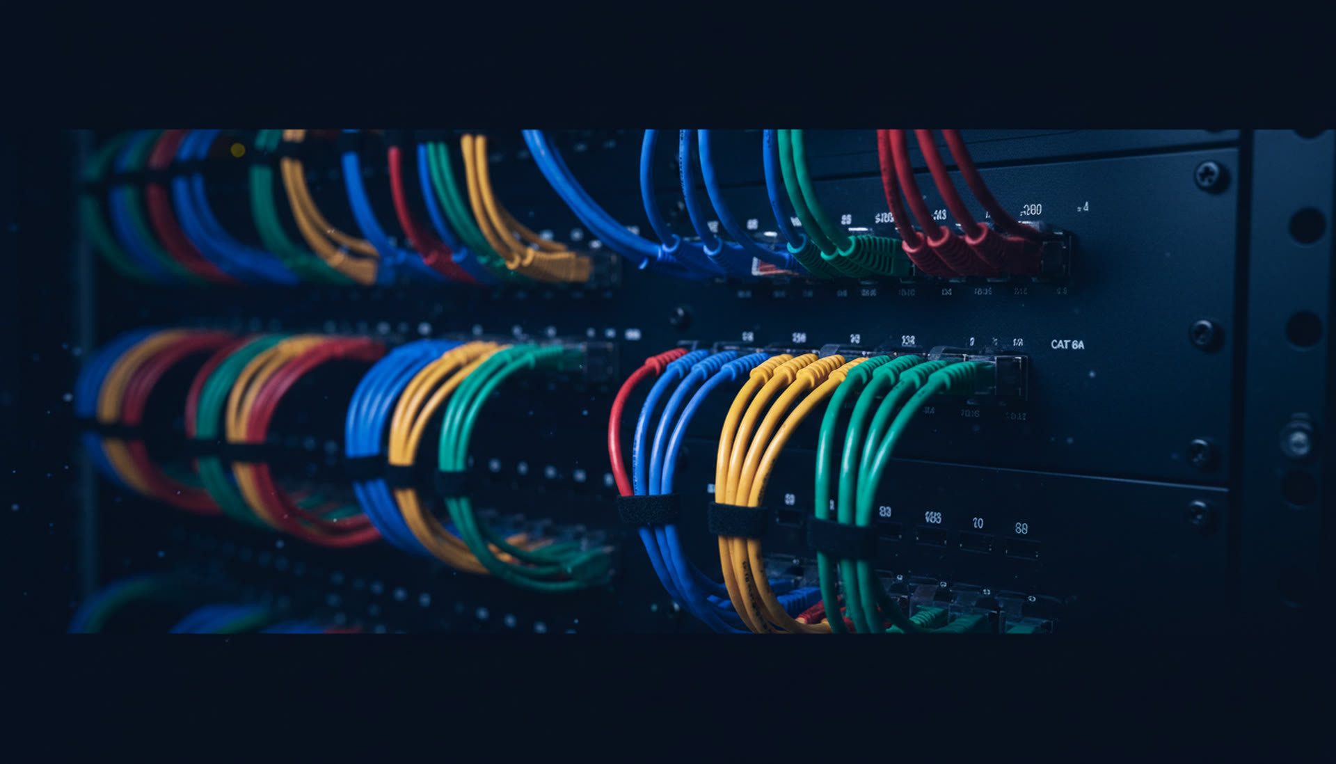 Close-up of colorful ethernet cables organized in a professional network patch panel