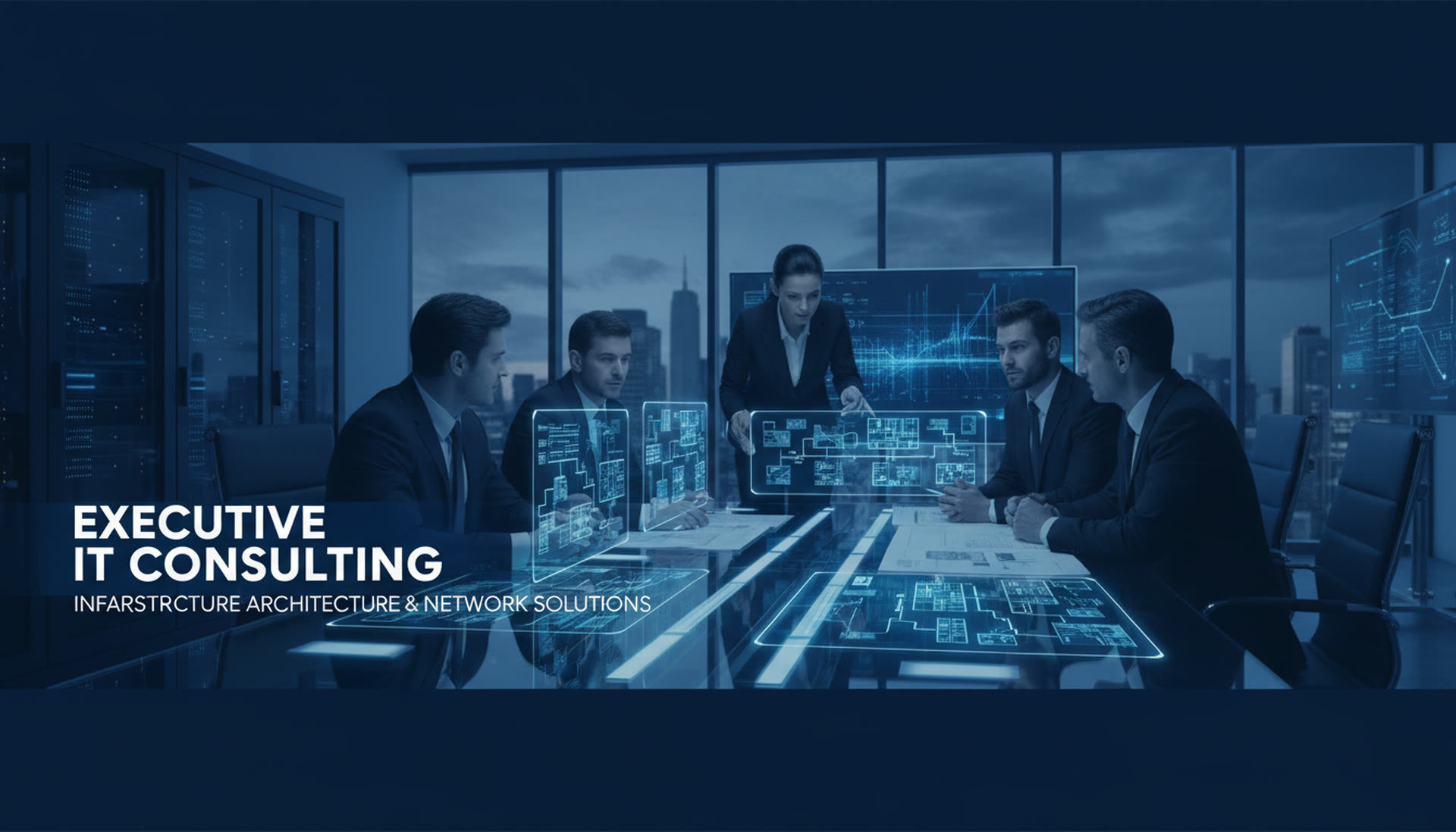 IT consulting team around glass conference table reviewing infrastructure architecture plans
