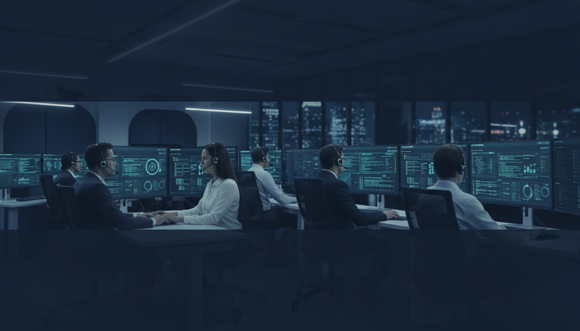 IT helpdesk support specialists with headsets at multi-monitor workstations