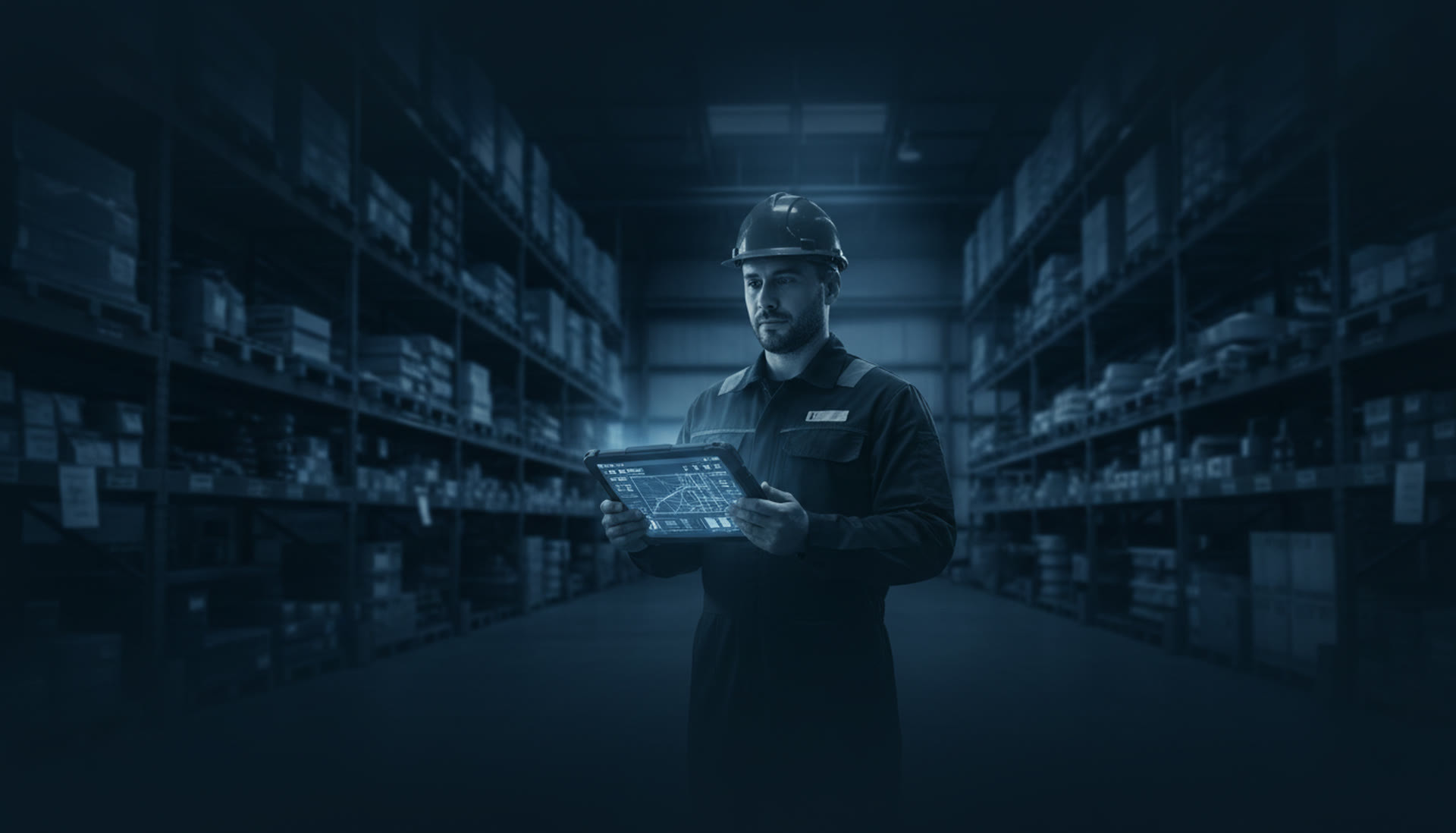 Field technician in warehouse holding tablet displaying mobile app interface
