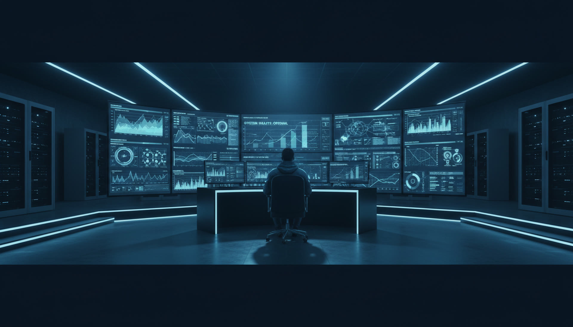 IT operations technician monitoring large display wall with real-time system metrics