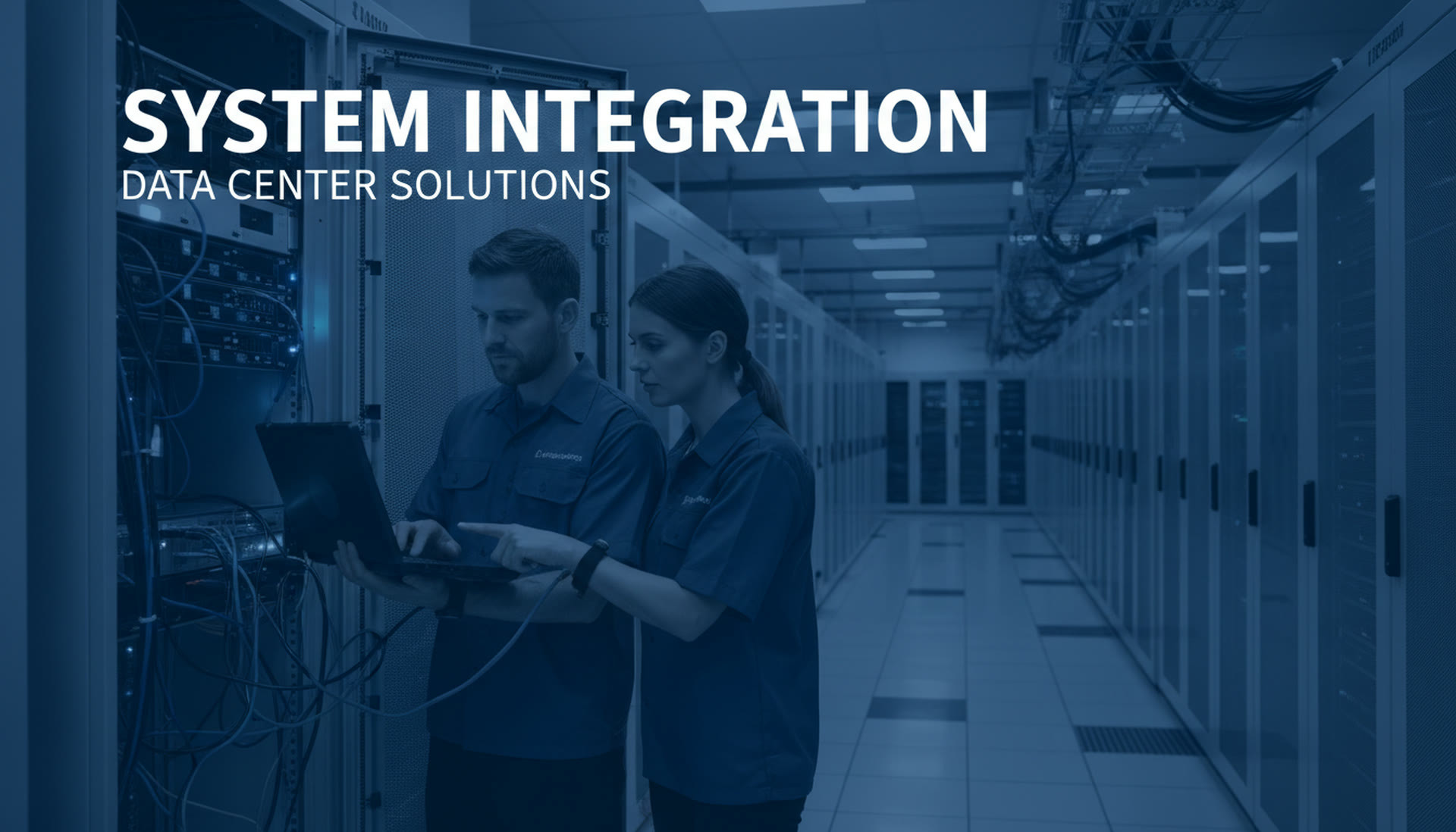 Two network engineers doing system integration in front of open server rack in data center