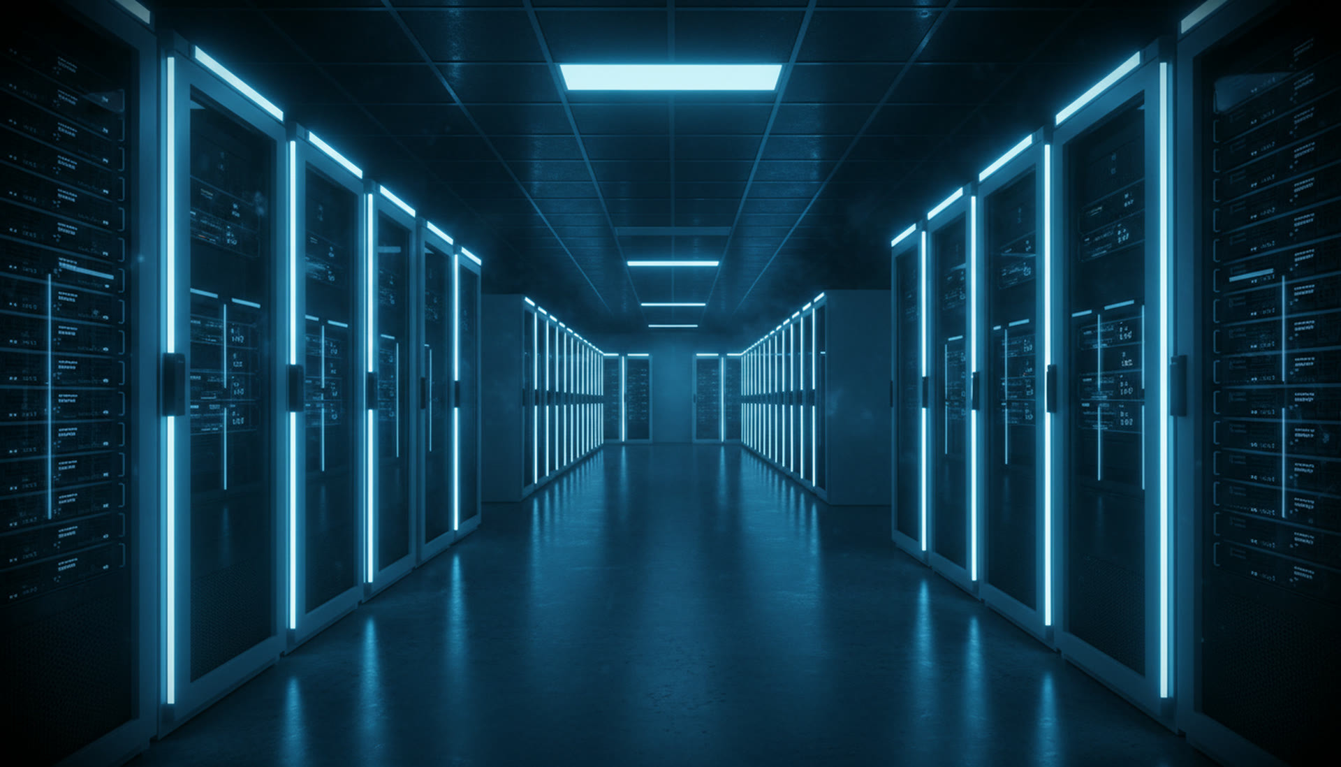 Long corridor of server rack cabinets with blue LED strip lights in modern data center