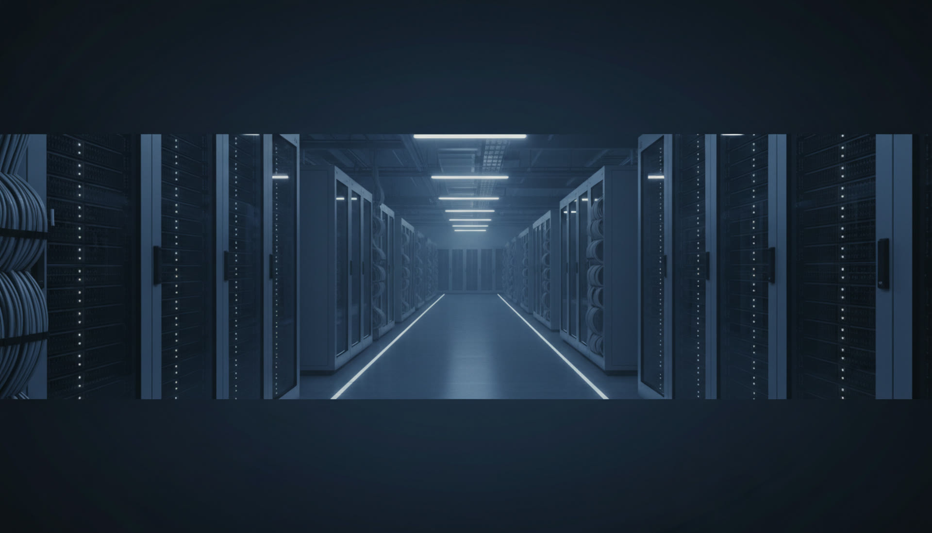 Rows of GPU server racks with dramatic blue ambient lighting in modern AI data center