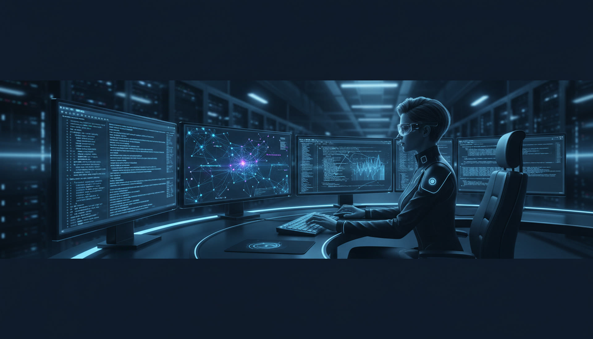 Data scientist at multi-monitor workstation with AI neural network visualizations