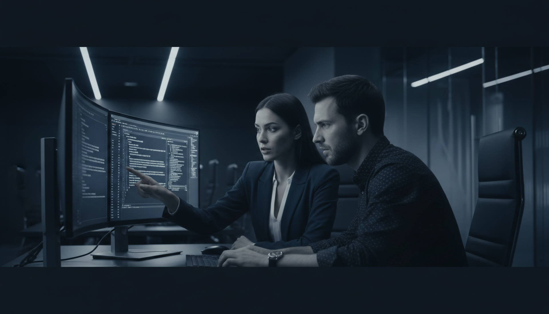Software developers doing code review on large curved monitors in a dark office
