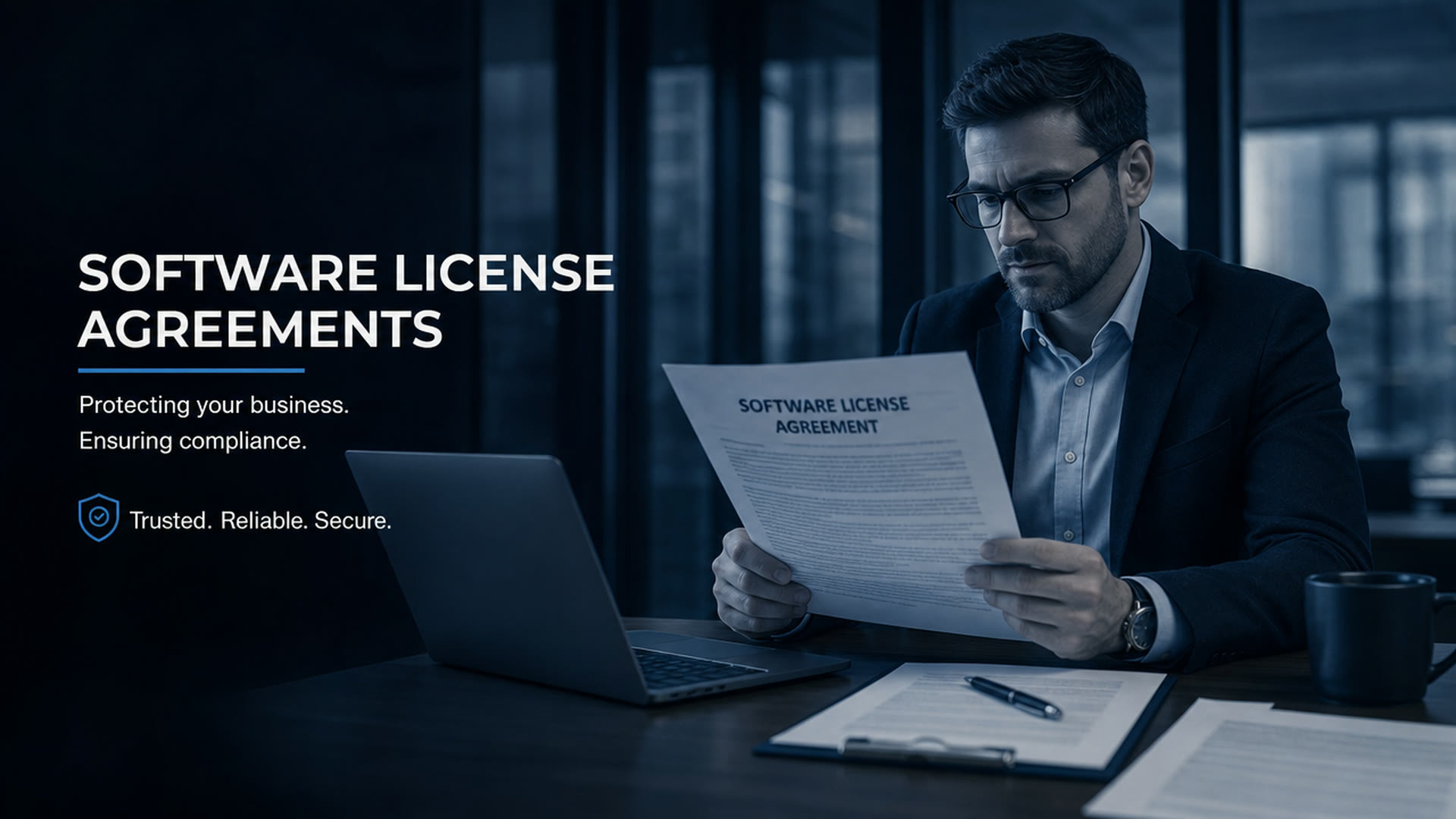 Business professional reviewing software license agreements at a clean corporate desk