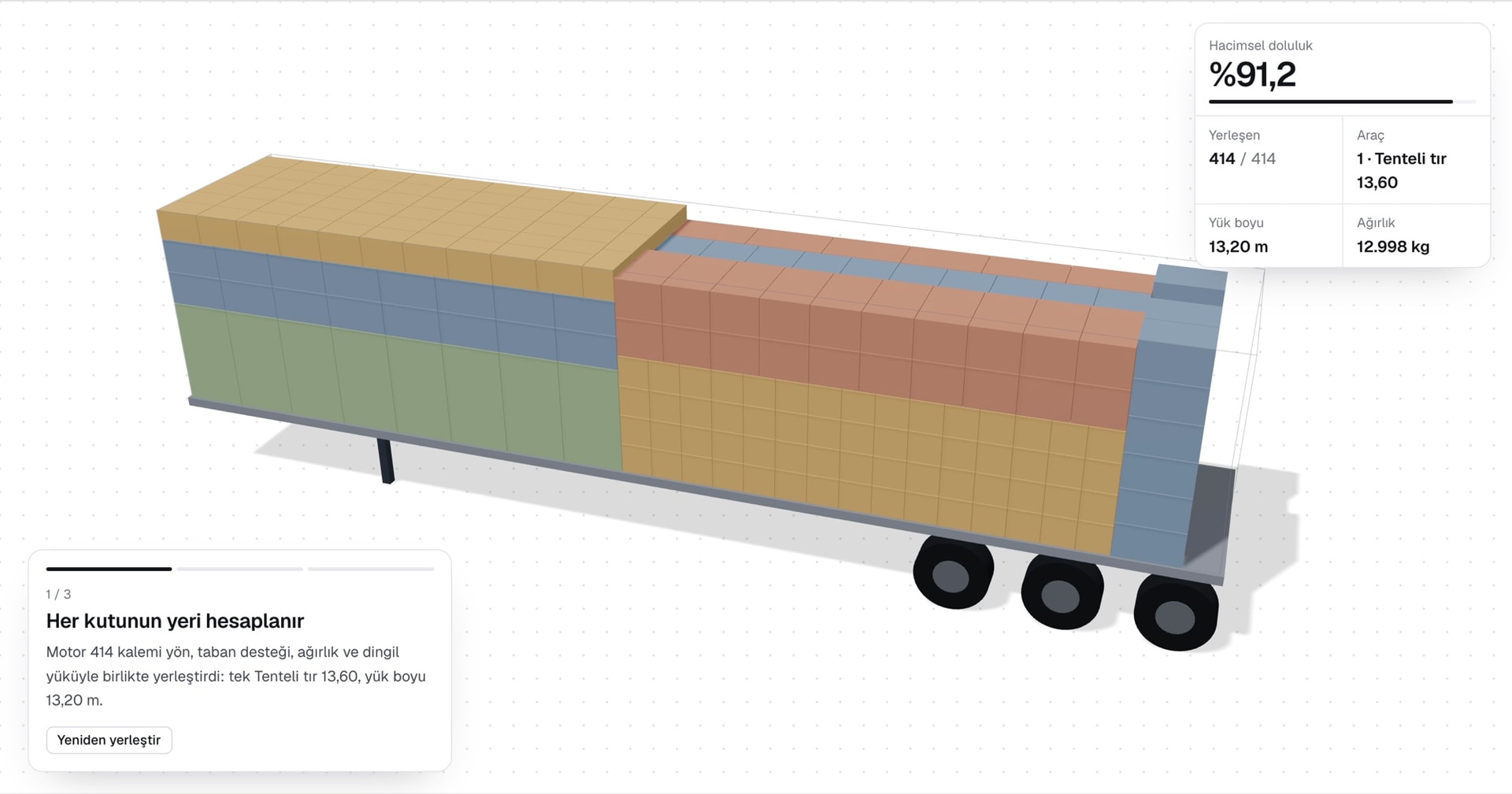 StowCargo 3D load plan: 414 cartons placed in a curtainsider trailer, with volume utilisation and weight panel (stowcargo.com demo plan)