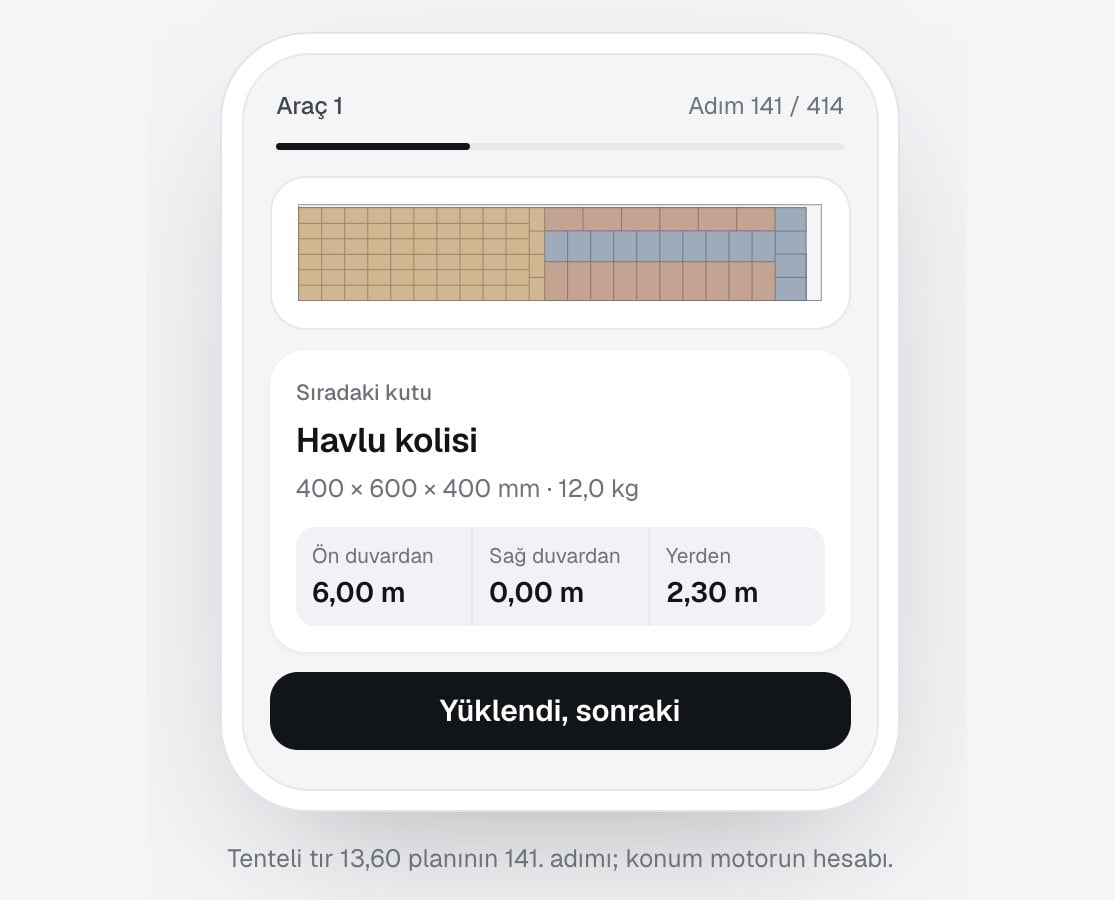 Warehouse screen: the next carton, its size and position in the vehicle on a phone; step-by-step loading with "Loaded, next"