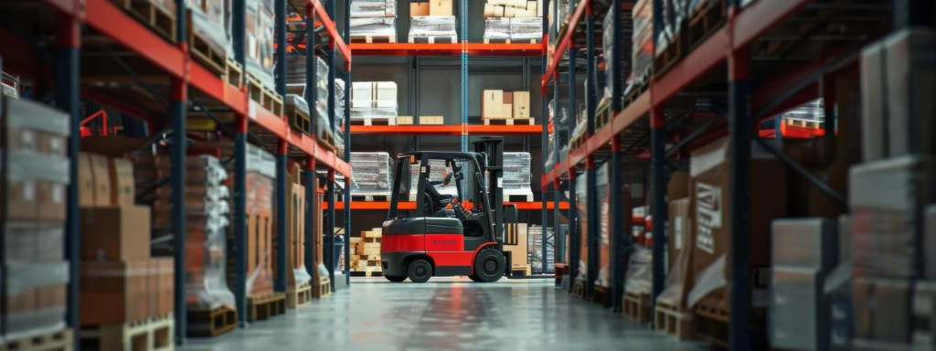Logistics warehouse forklift high-rack corridor — warehouse operations IT infrastructure