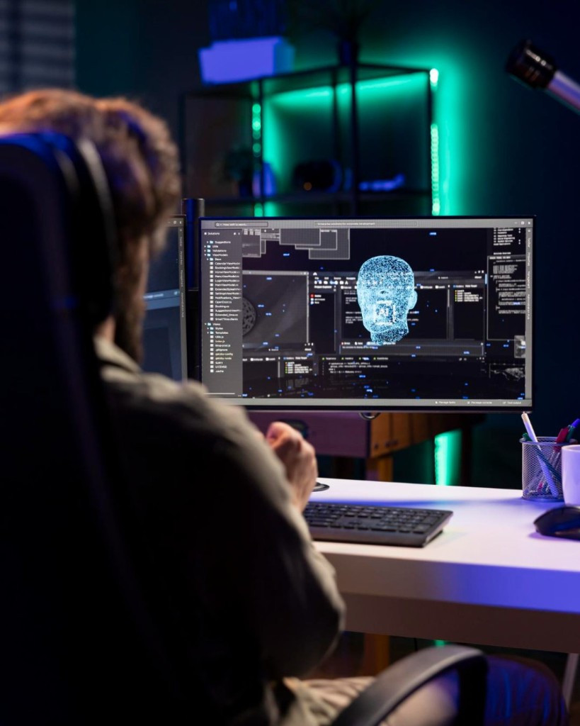 AI infrastructure developer with headset reviewing neural network model on screen