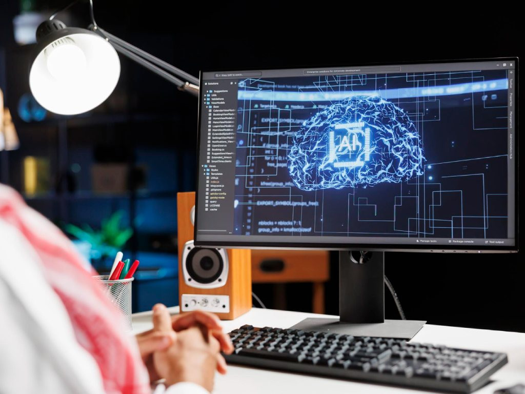 AI infrastructure GPU server with neural network visualisation on monitor