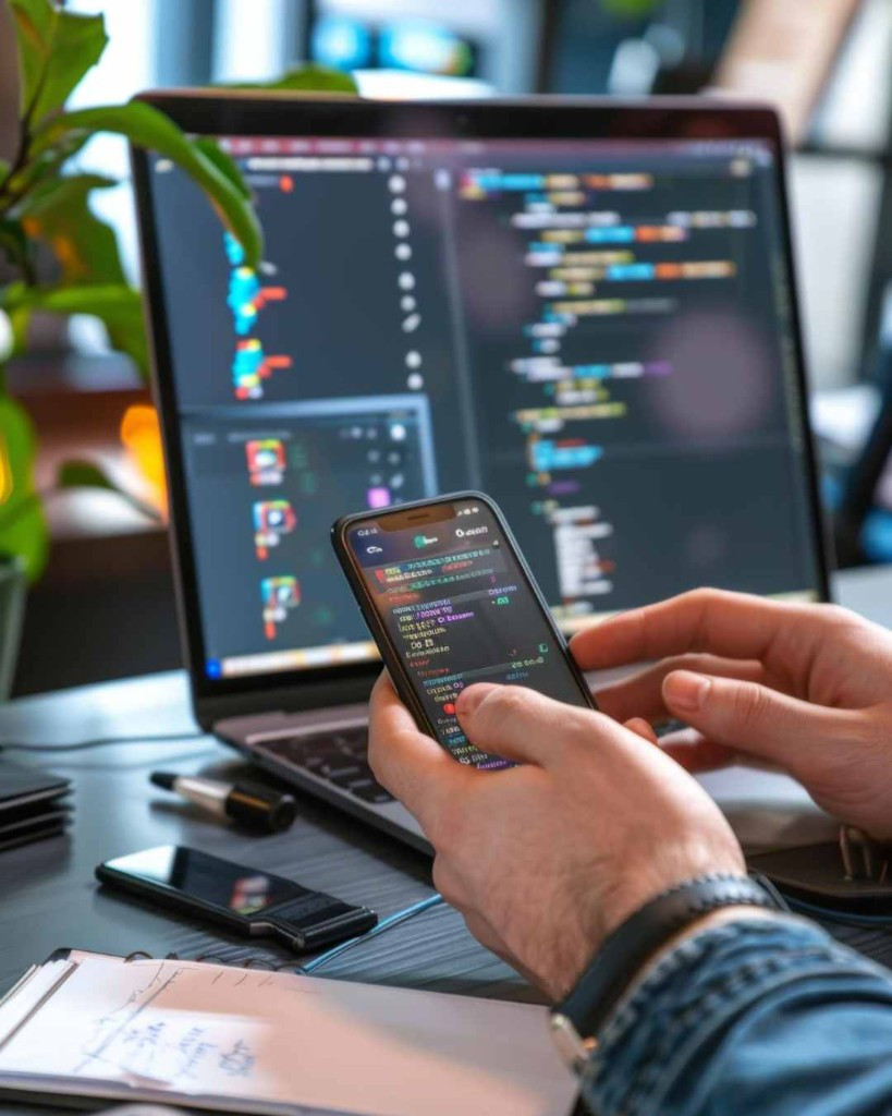 Mobile app development on a smartphone and laptop screen