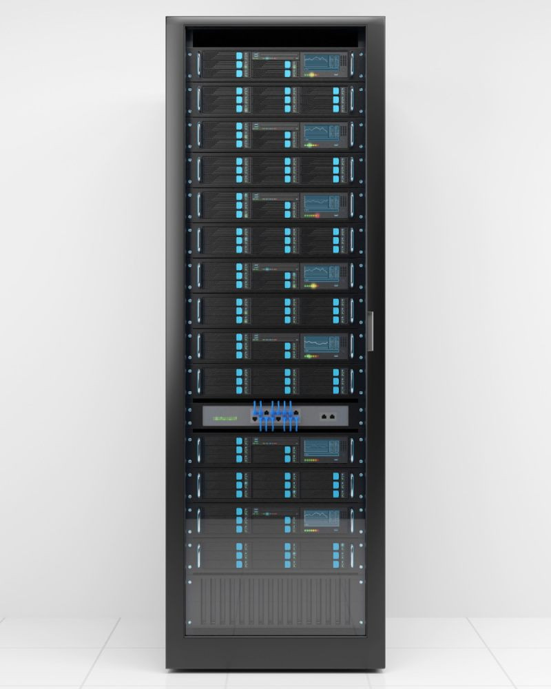 Data centre server rack — fully loaded unit with LED-lit servers