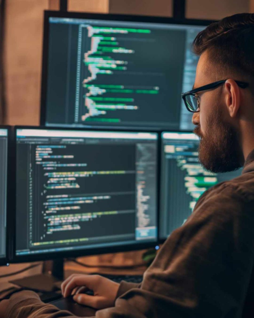 Software developer coding at monitor